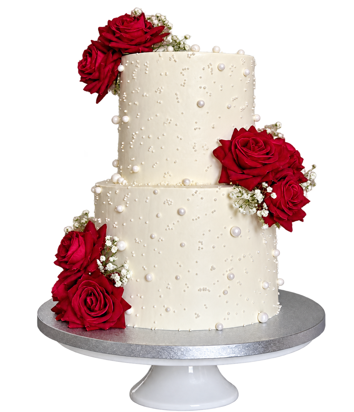 Pastel de dos pisos con rosas rojas